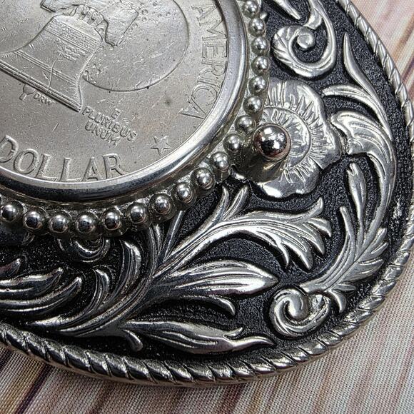 Vintage USA Bicentennial Eisenhower Dollar Belt Buckle Liberty Bell Western Silv - Picture 3 of 12